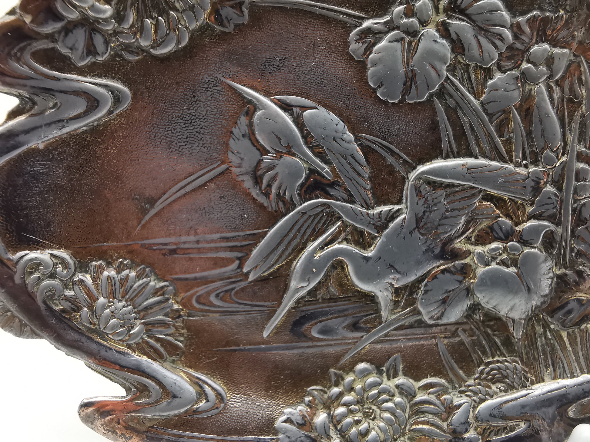 Antique Meiji/Taishō Japanese Antimony Trinket Tray – Cranes and Iris Relief