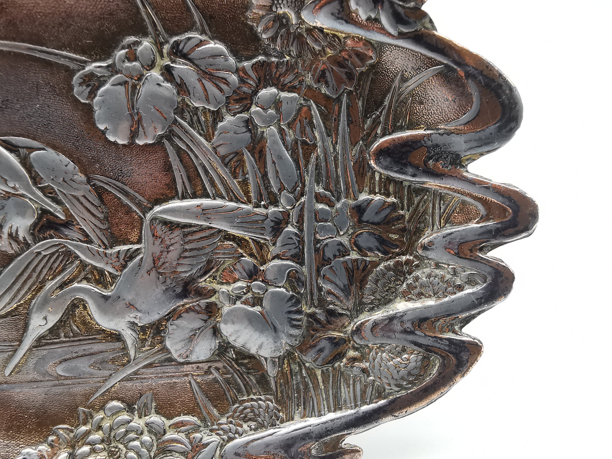 Antique Meiji/Taishō Japanese Antimony Trinket Tray – Cranes and Iris Relief