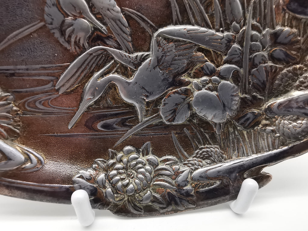 Antique Meiji/Taishō Japanese Antimony Trinket Tray – Cranes and Iris Relief