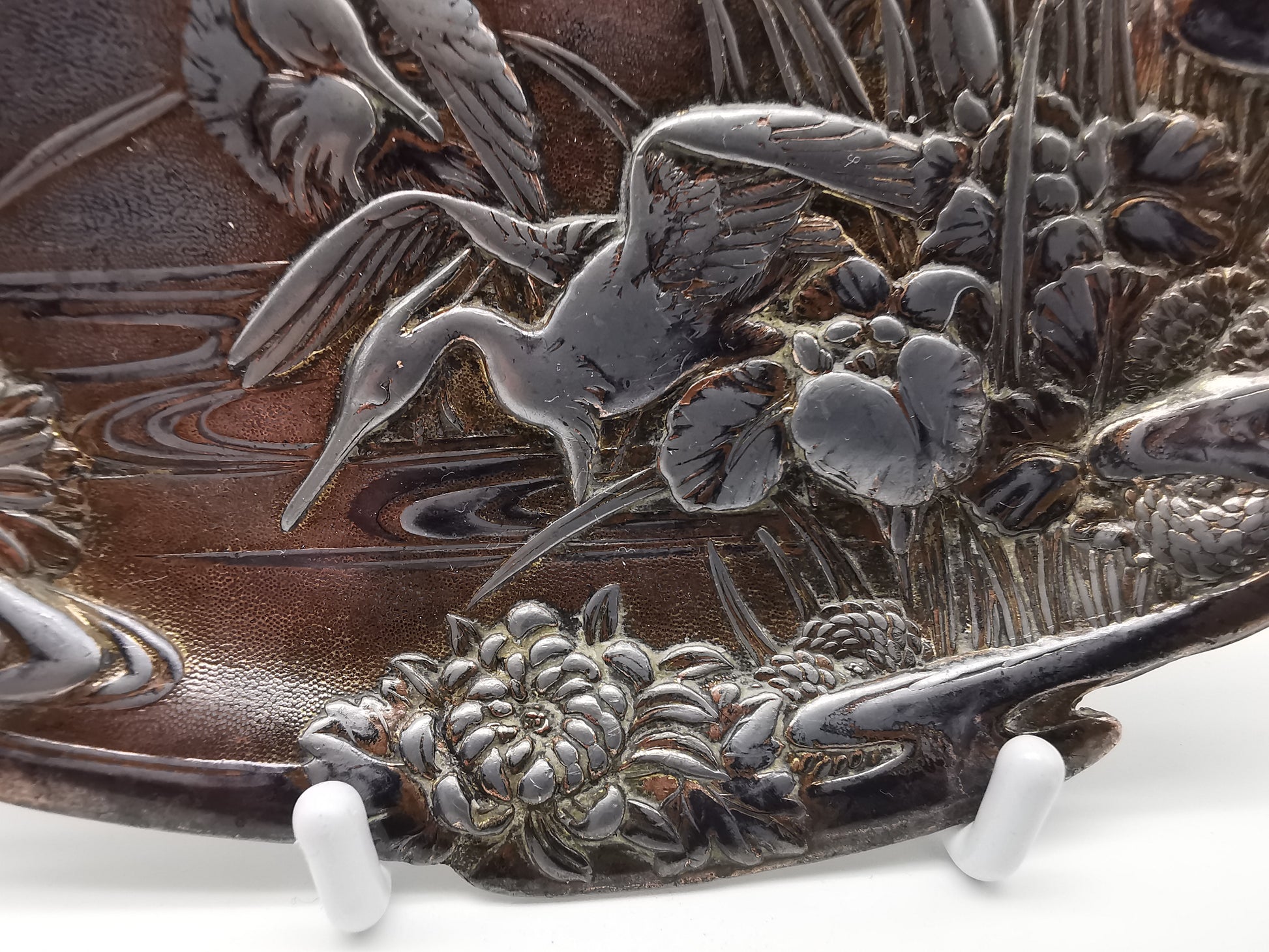 Antique Meiji/Taishō Japanese Antimony Trinket Tray – Cranes and Iris Relief