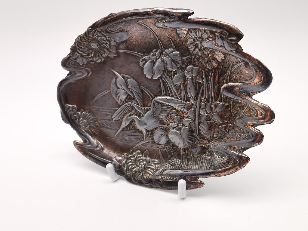 Antique Meiji/Taishō Japanese Antimony Trinket Tray – Cranes and Iris Relief