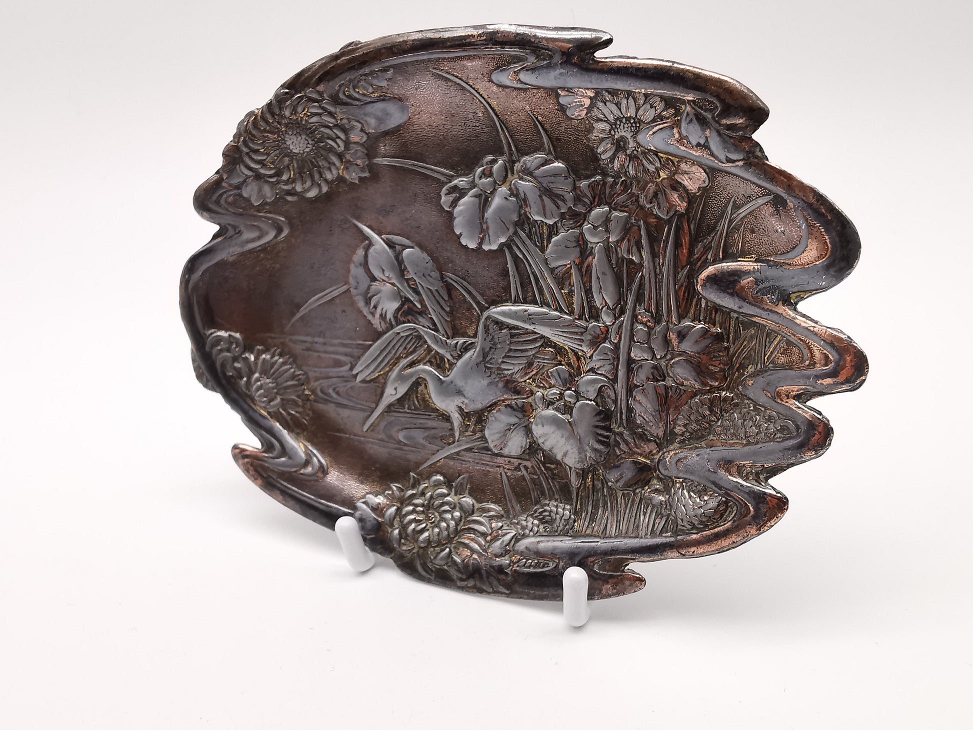 Antique Meiji/Taishō Japanese Antimony Trinket Tray – Cranes and Iris Relief