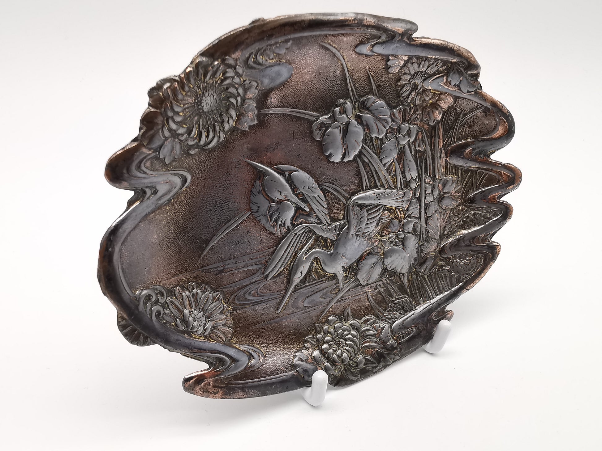 Antique Meiji/Taishō Japanese Antimony Trinket Tray – Cranes and Iris Relief