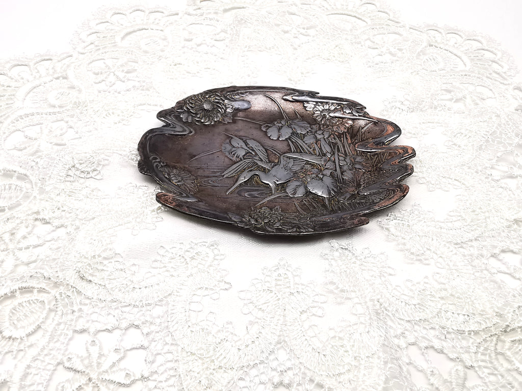 Antique Meiji/Taishō Japanese Antimony Trinket Tray – Cranes and Iris Relief