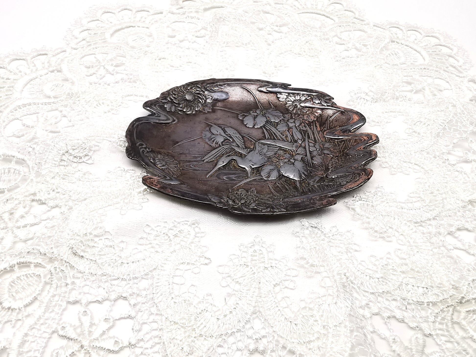 Antique Meiji/Taishō Japanese Antimony Trinket Tray – Cranes and Iris Relief
