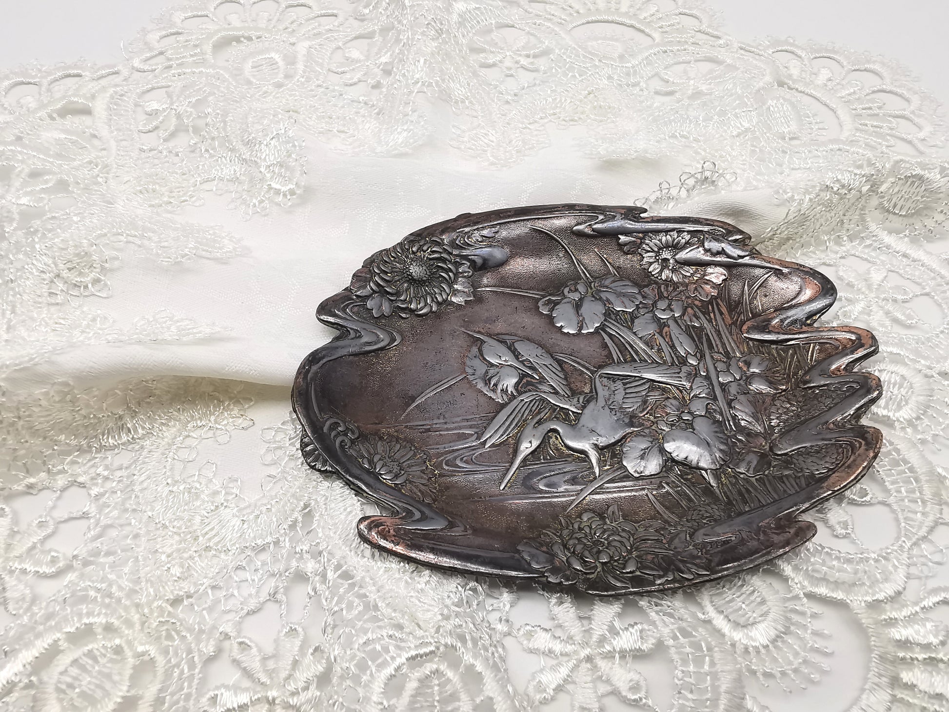 Antique Meiji/Taishō Japanese Antimony Trinket Tray – Cranes and Iris Relief