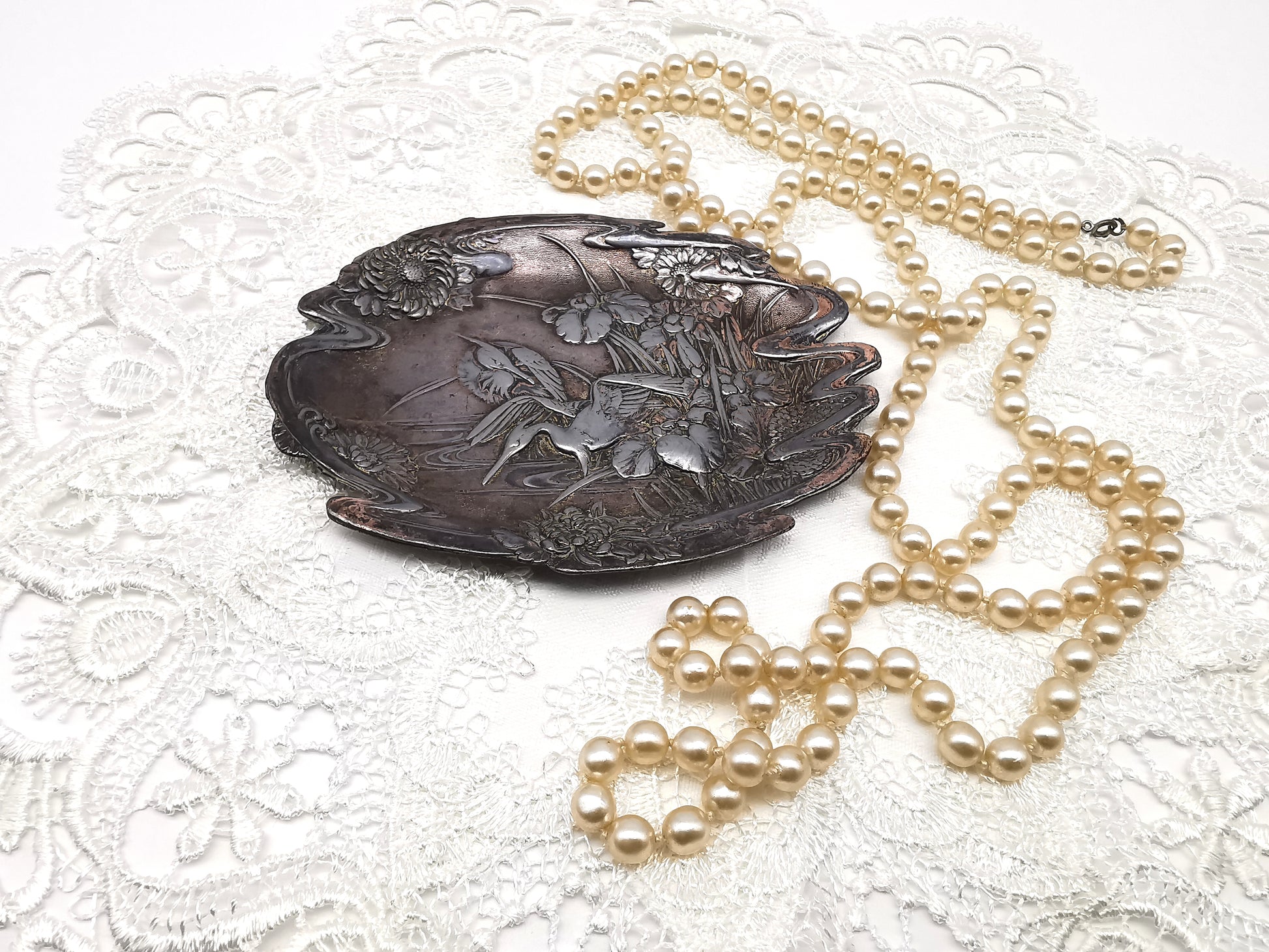 Antique Meiji/Taishō Japanese Antimony Trinket Tray – Cranes and Iris Relief
