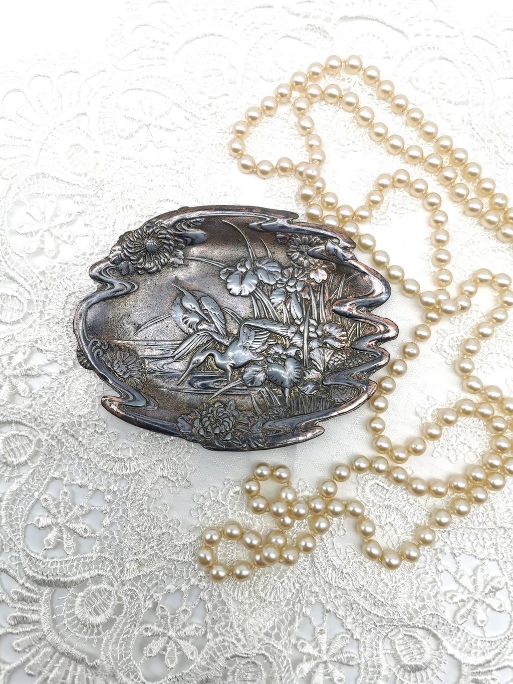 Antique Meiji/Taishō Japanese Antimony Trinket Tray – Cranes and Iris Relief