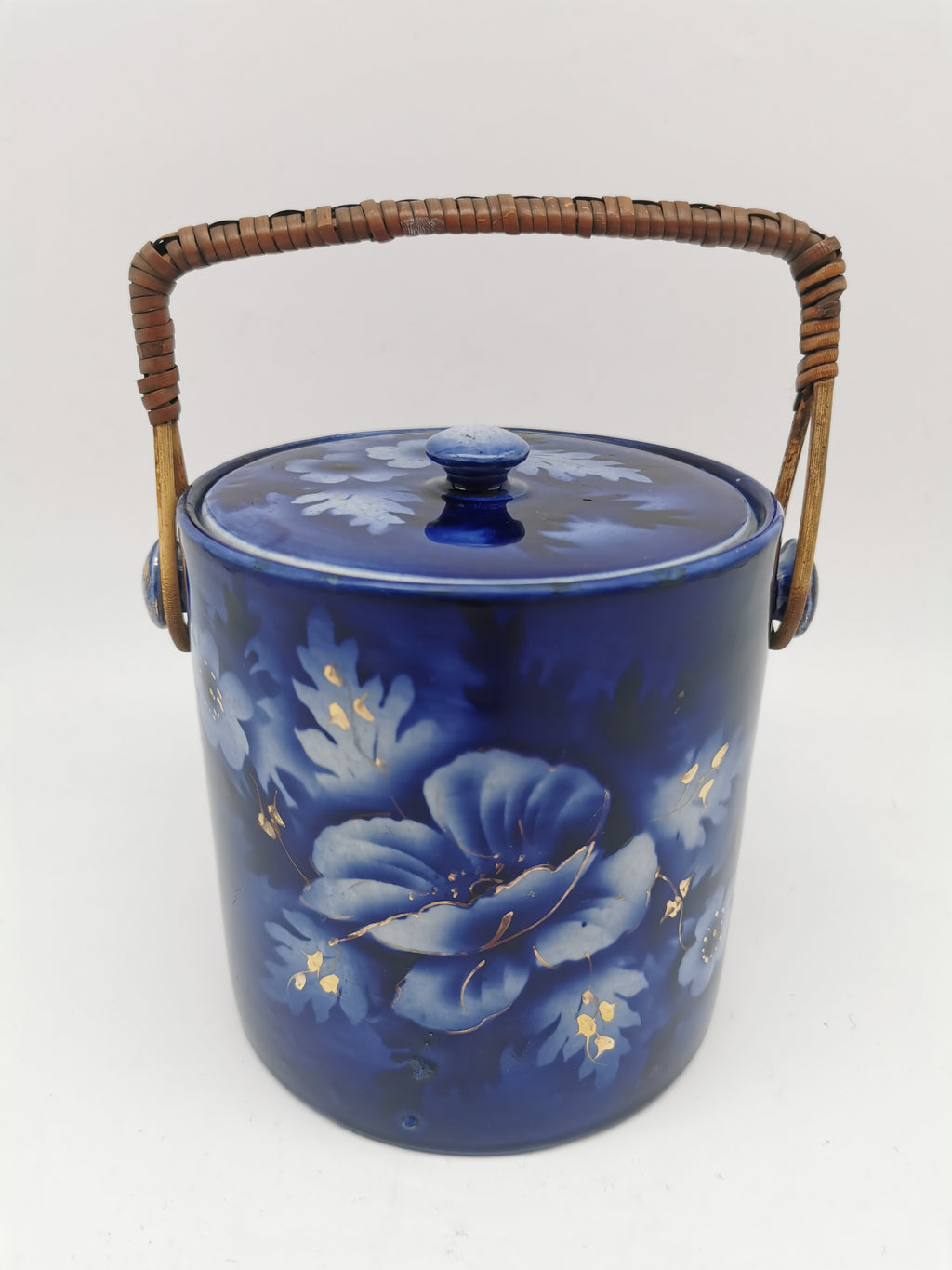 Antique English Flow Blue Cobalt & Gilt Floral Biscuit Barrel – Wicker Swing Handle