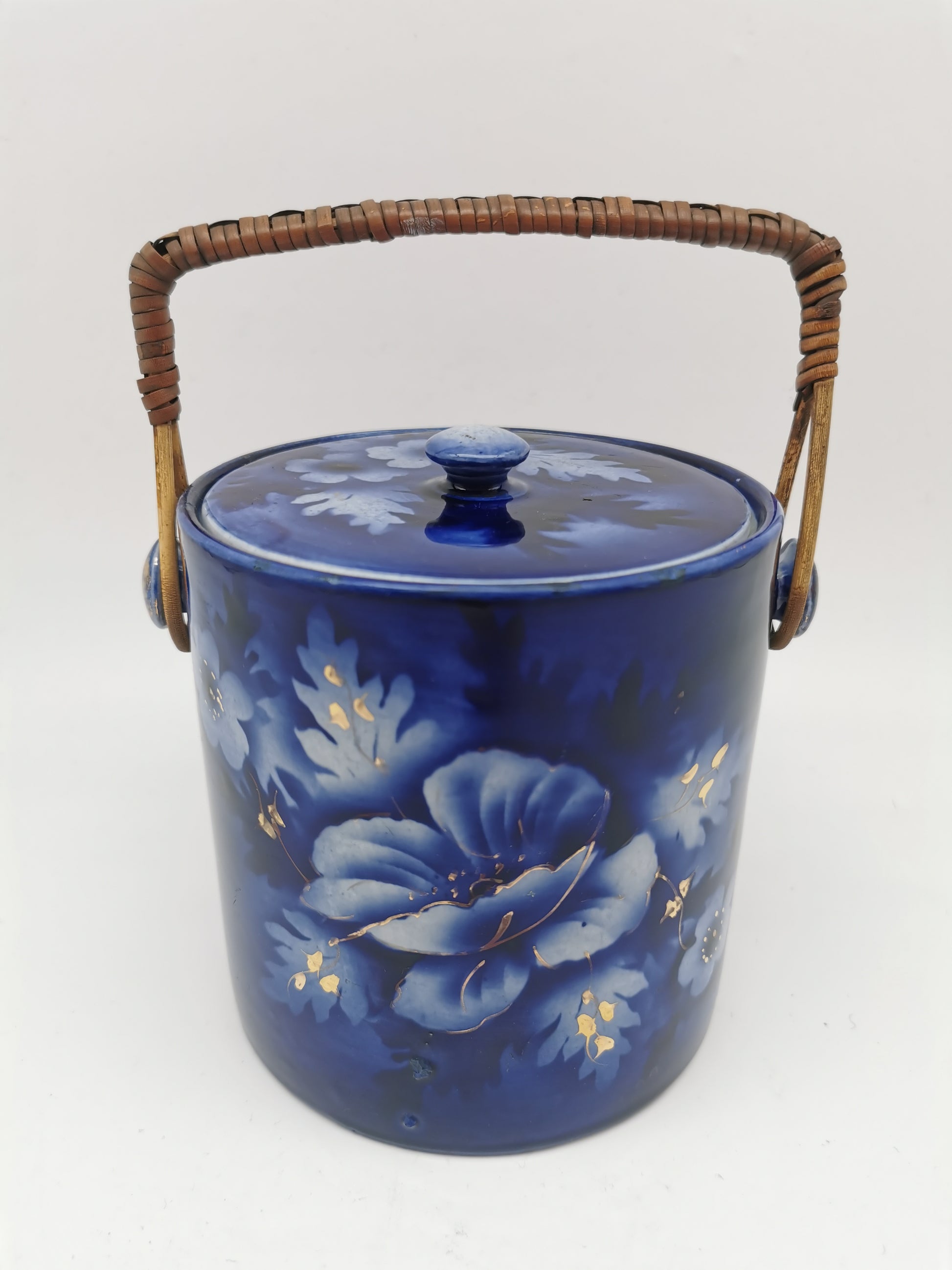 Antique English Flow Blue Cobalt & Gilt Floral Biscuit Barrel – Wicker Swing Handle