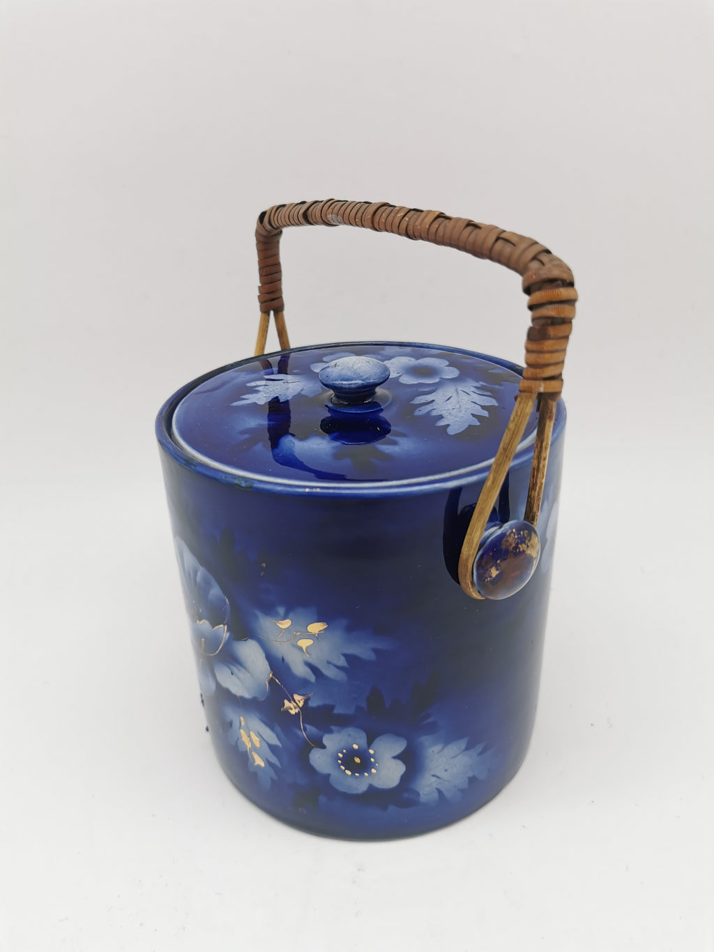 Antique English Flow Blue Cobalt & Gilt Floral Biscuit Barrel – Wicker Swing Handle
