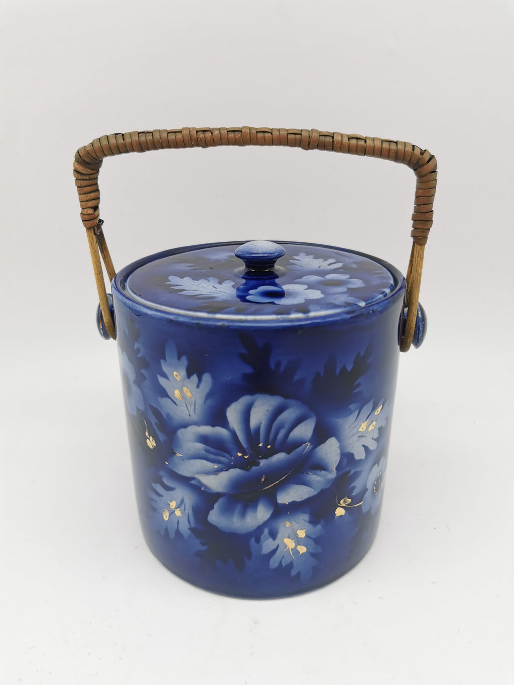 Antique English Flow Blue Cobalt & Gilt Floral Biscuit Barrel – Wicker Swing Handle
