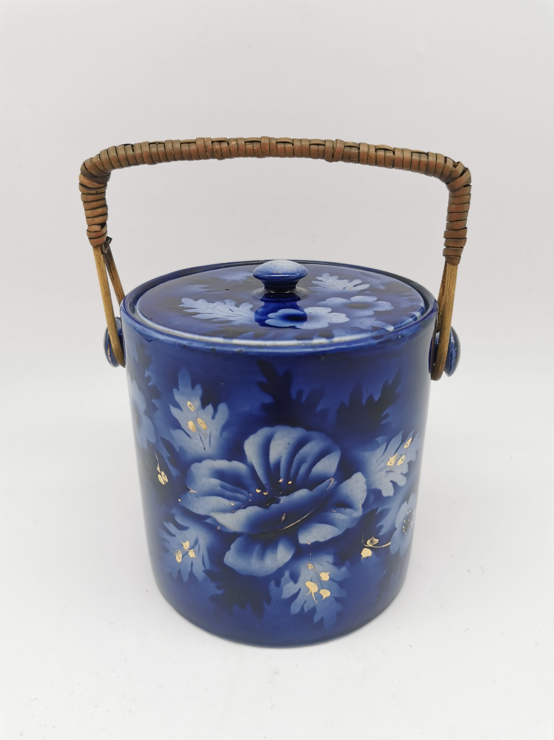Antique English Flow Blue Cobalt & Gilt Floral Biscuit Barrel – Wicker Swing Handle