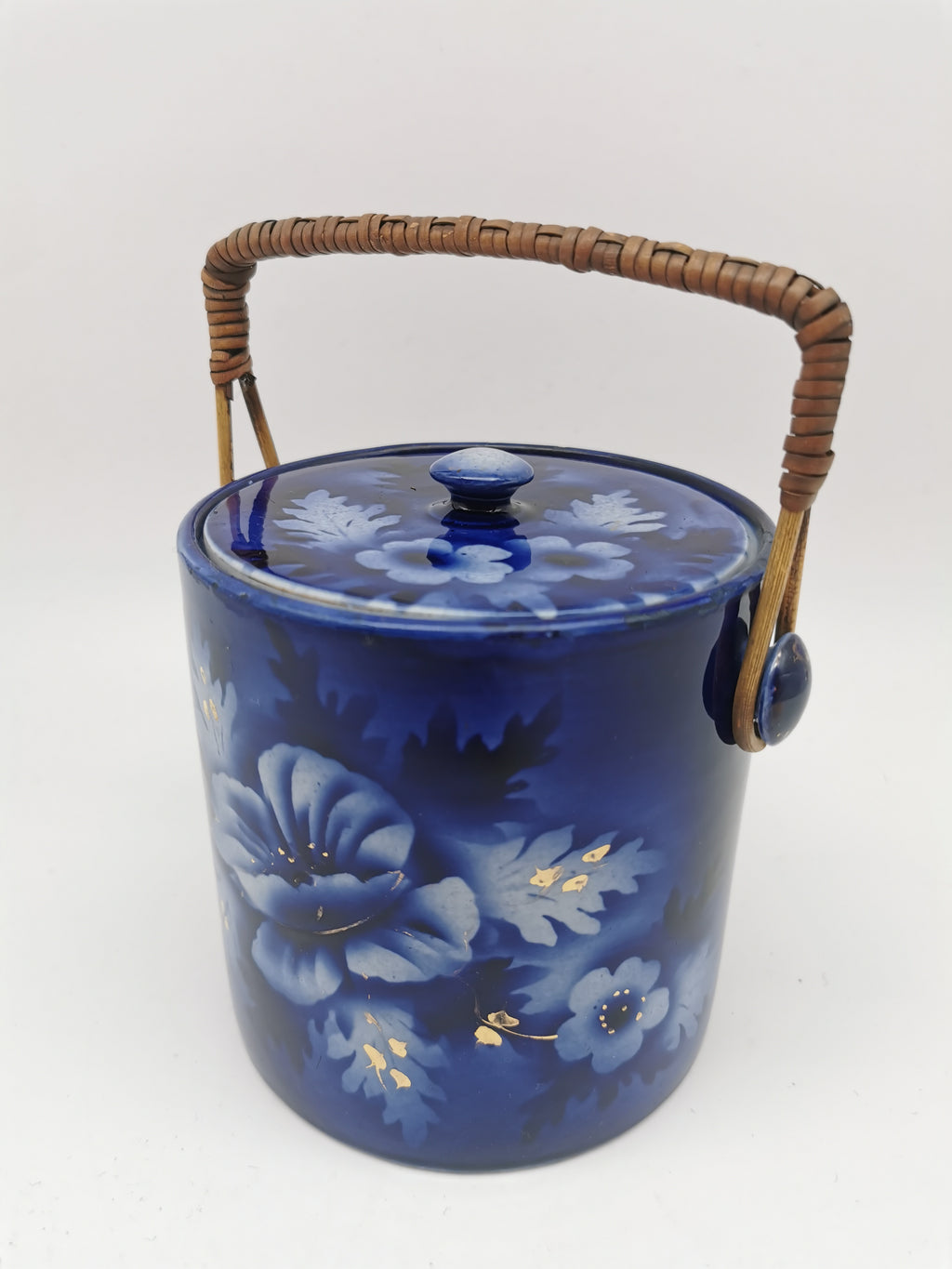 Antique English Flow Blue Cobalt & Gilt Floral Biscuit Barrel – Wicker Swing Handle