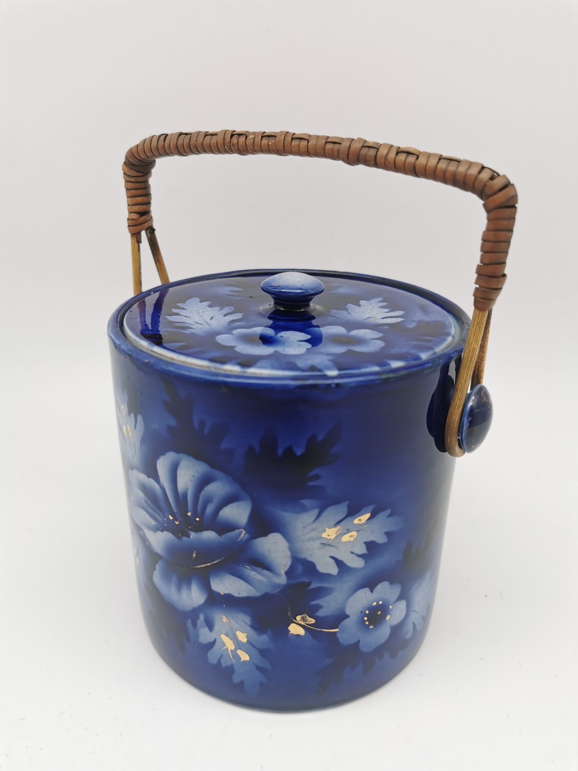 Antique English Flow Blue Cobalt & Gilt Floral Biscuit Barrel – Wicker Swing Handle