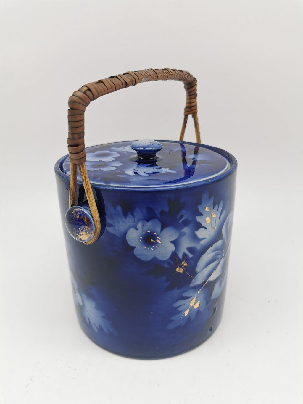 Antique English Flow Blue Cobalt & Gilt Floral Biscuit Barrel – Wicker Swing Handle
