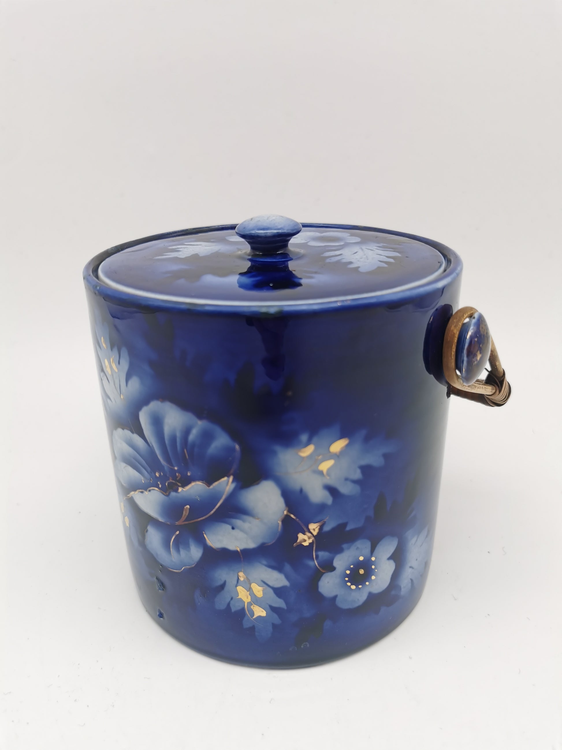 Antique English Flow Blue Cobalt & Gilt Floral Biscuit Barrel – Wicker Swing Handle
