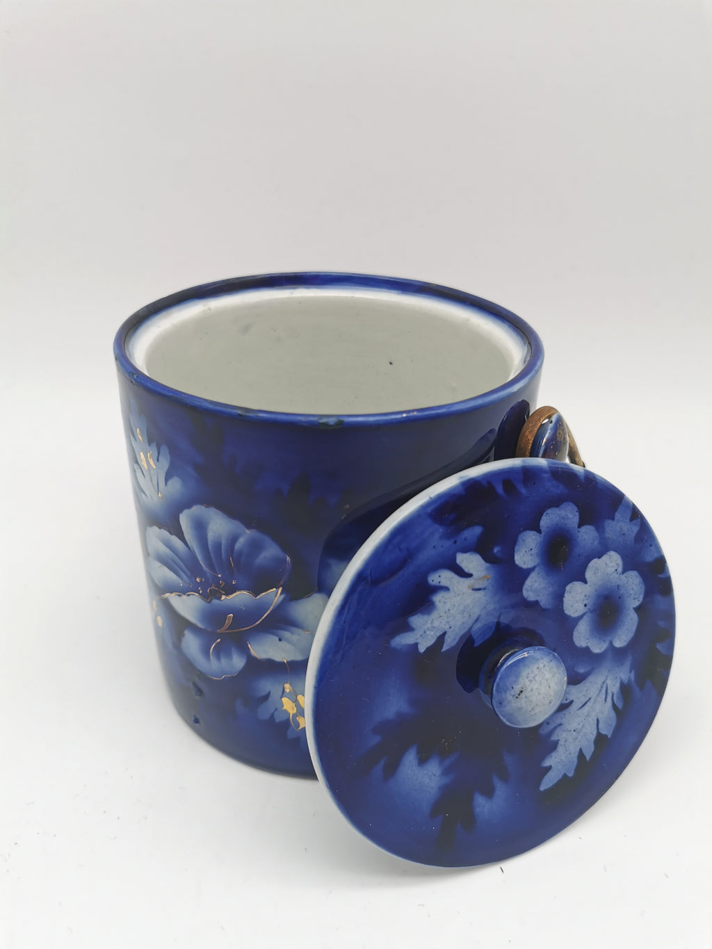 Antique English Flow Blue Cobalt & Gilt Floral Biscuit Barrel – Wicker Swing Handle