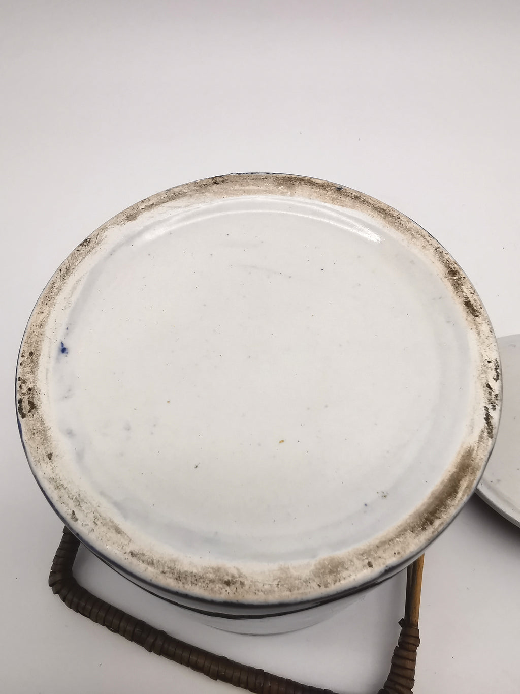 Antique English Flow Blue Cobalt & Gilt Floral Biscuit Barrel – Wicker Swing Handle