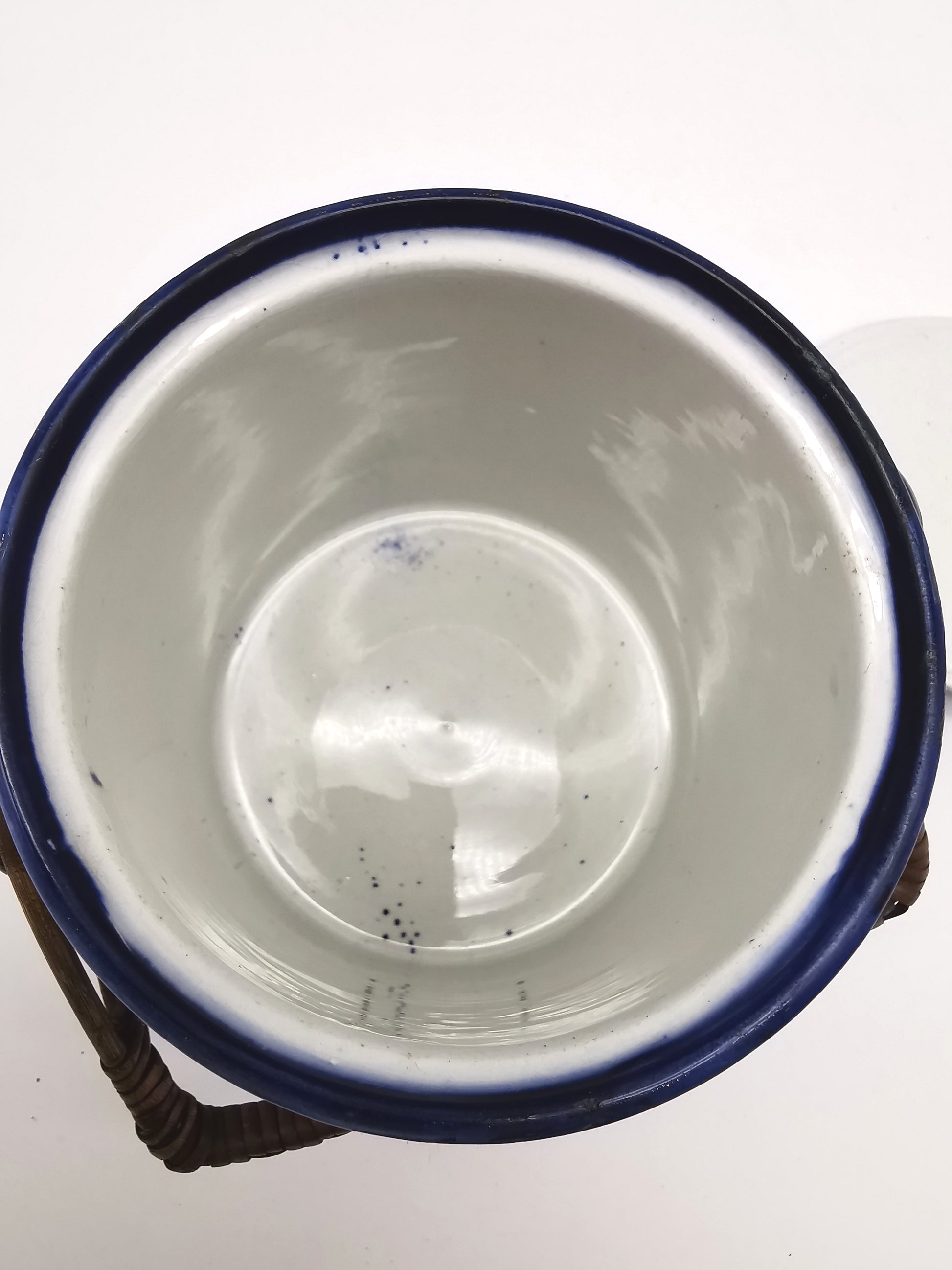Antique English Flow Blue Cobalt & Gilt Floral Biscuit Barrel – Wicker Swing Handle
