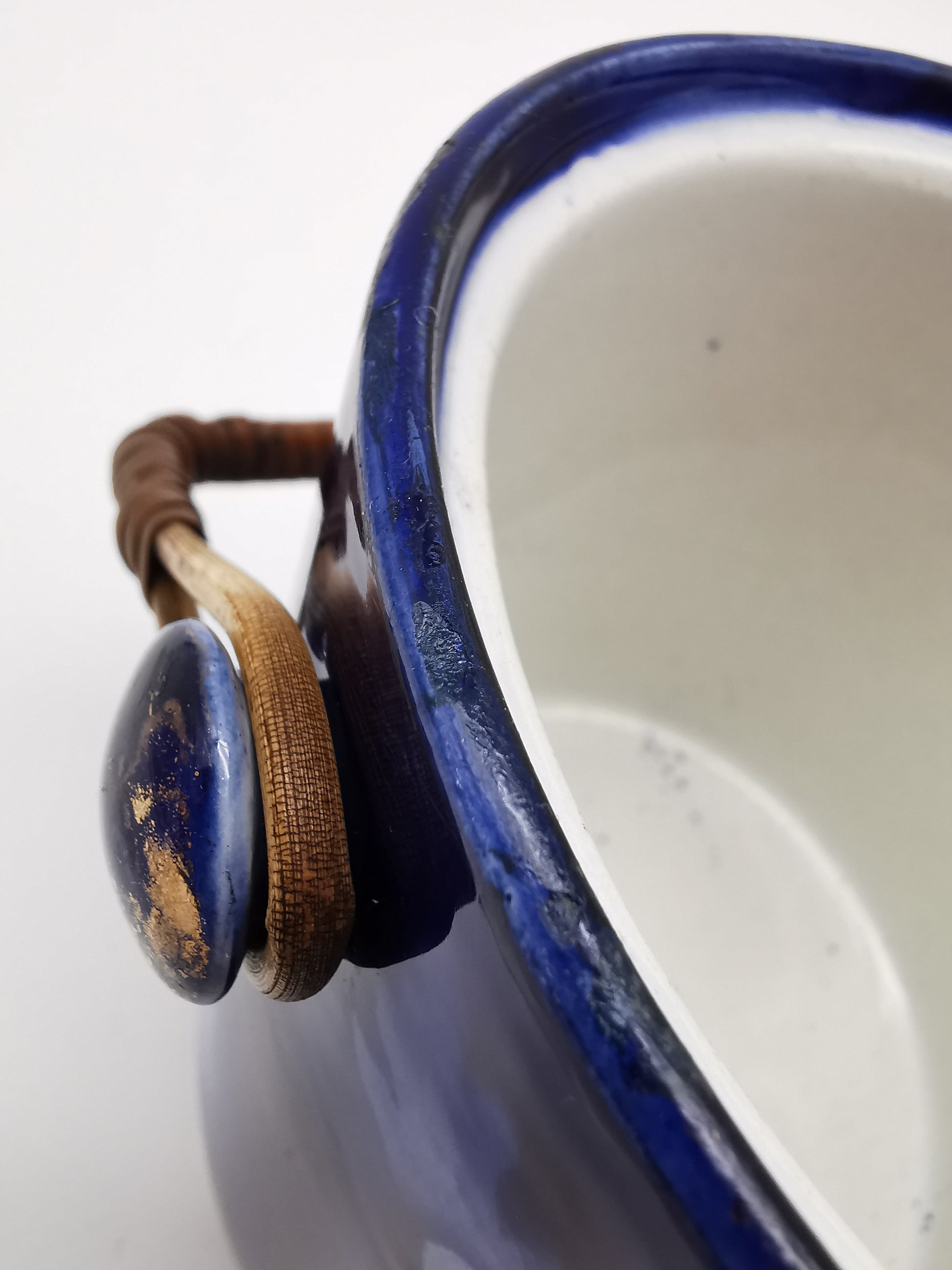 Antique English Flow Blue Cobalt & Gilt Floral Biscuit Barrel – Wicker Swing Handle