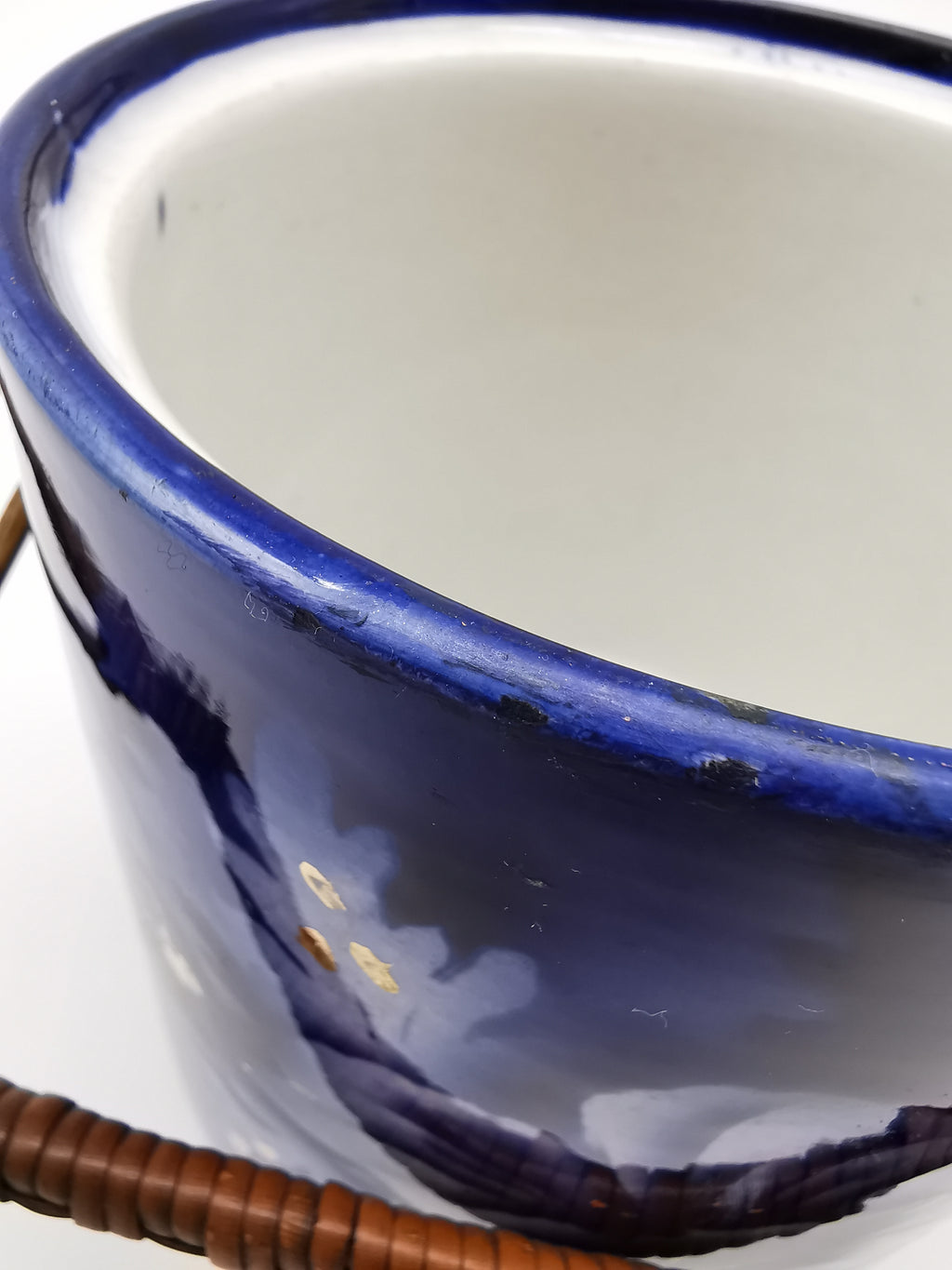 Antique English Flow Blue Cobalt & Gilt Floral Biscuit Barrel – Wicker Swing Handle