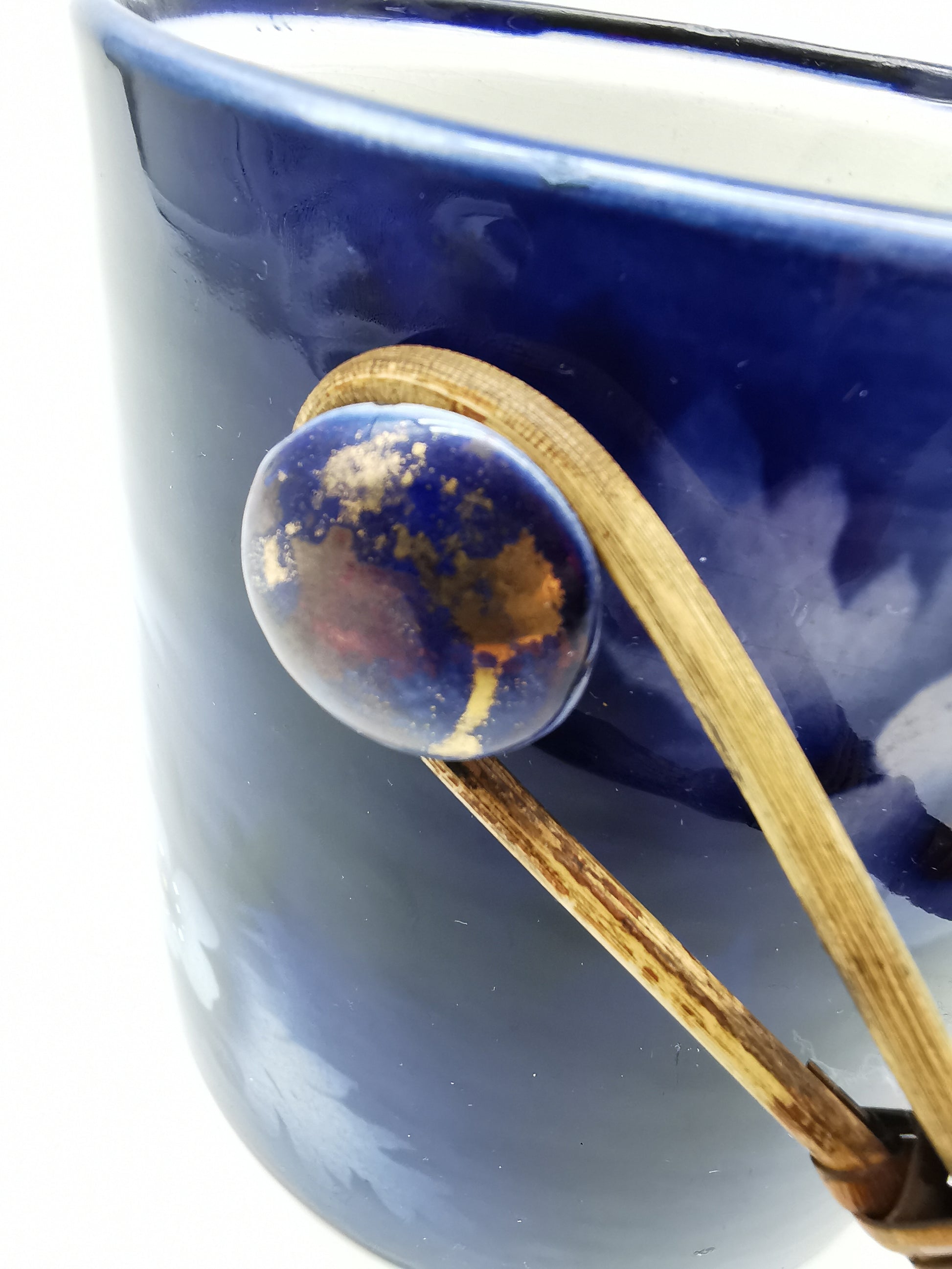 Antique English Flow Blue Cobalt & Gilt Floral Biscuit Barrel – Wicker Swing Handle