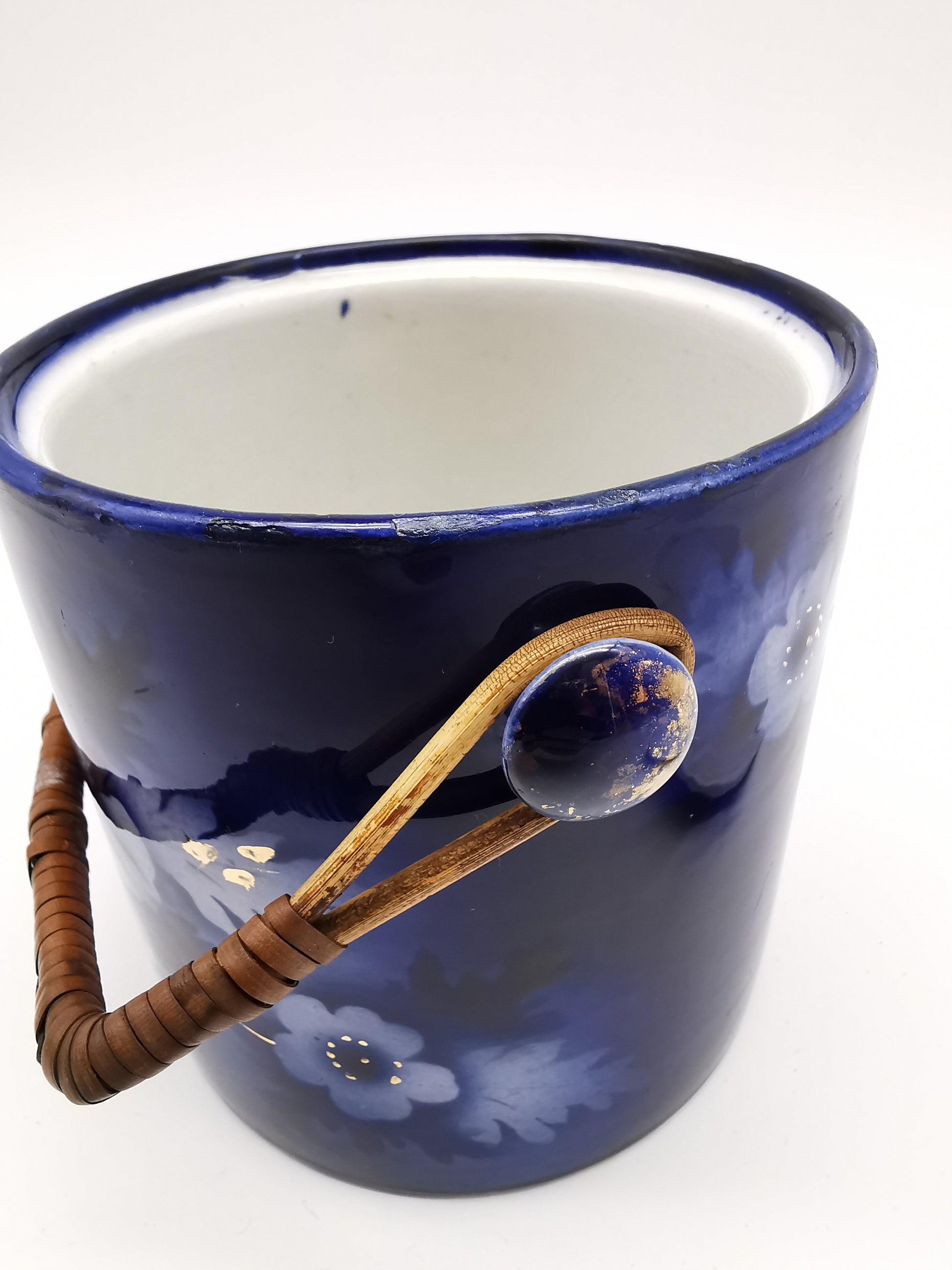 Antique English Flow Blue Cobalt & Gilt Floral Biscuit Barrel – Wicker Swing Handle
