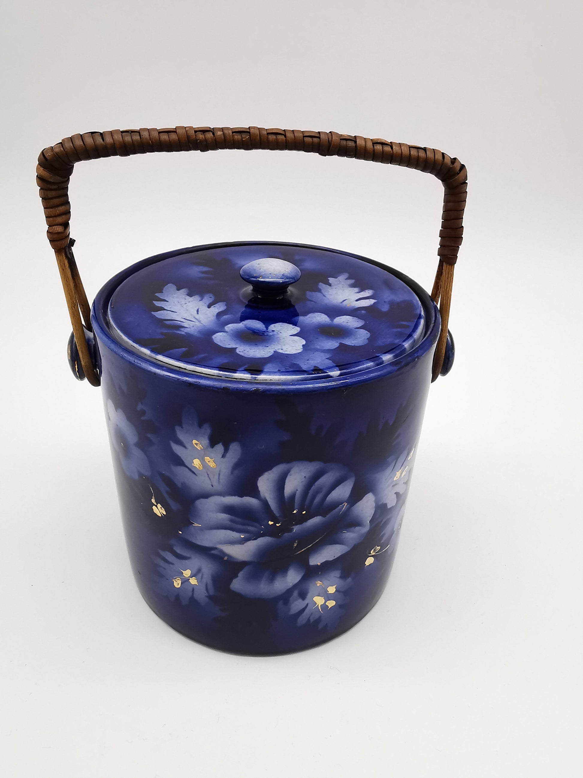 Antique English Flow Blue Cobalt & Gilt Floral Biscuit Barrel – Wicker Swing Handle