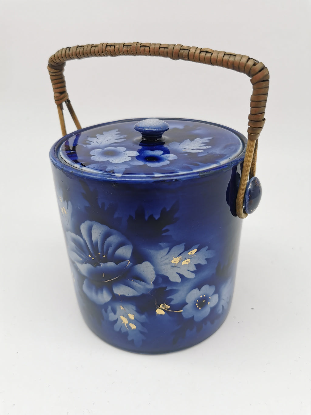 Antique English Flow Blue Cobalt & Gilt Floral Biscuit Barrel – Wicker Swing Handle