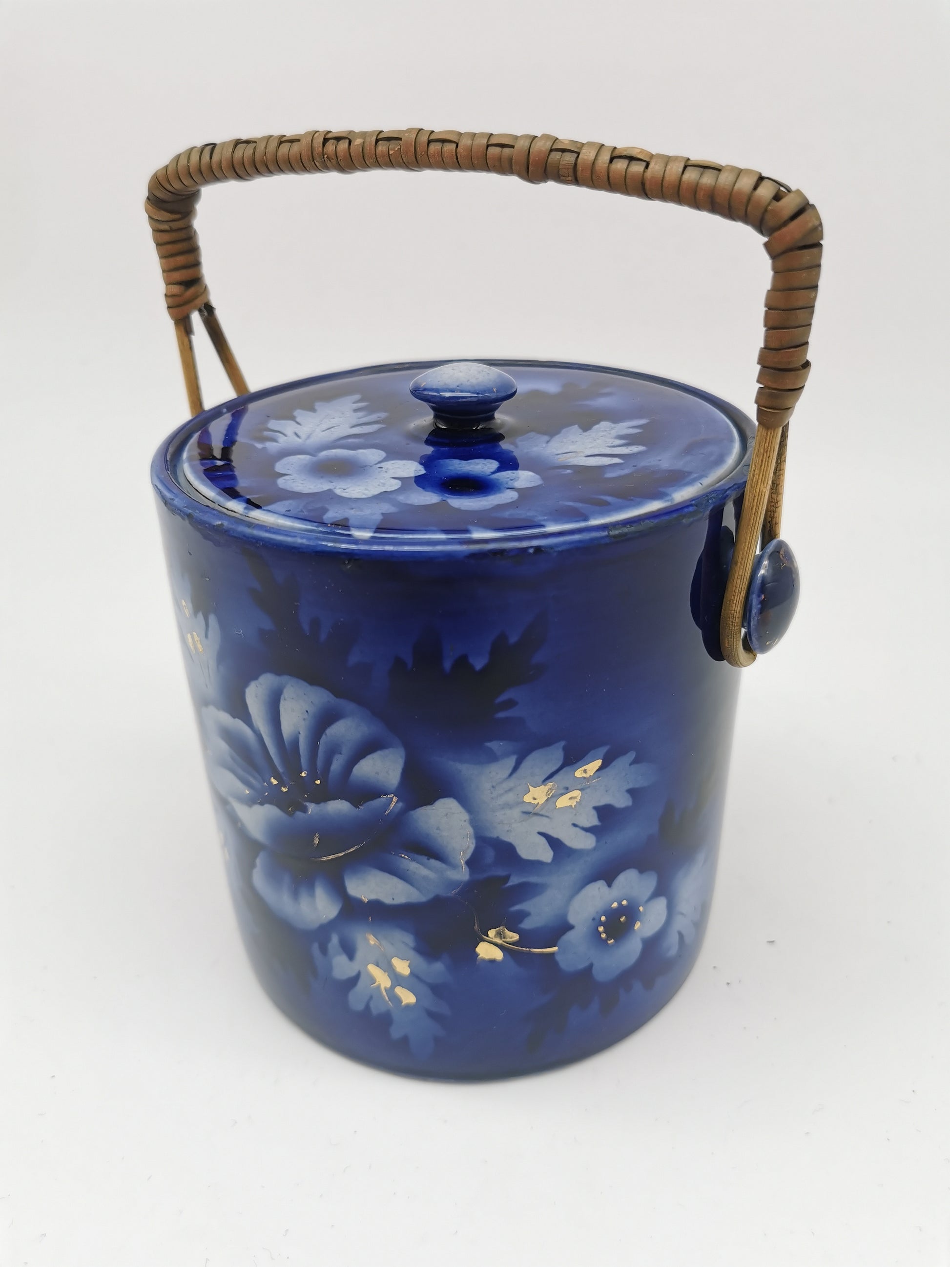 Antique English Flow Blue Cobalt & Gilt Floral Biscuit Barrel – Wicker Swing Handle