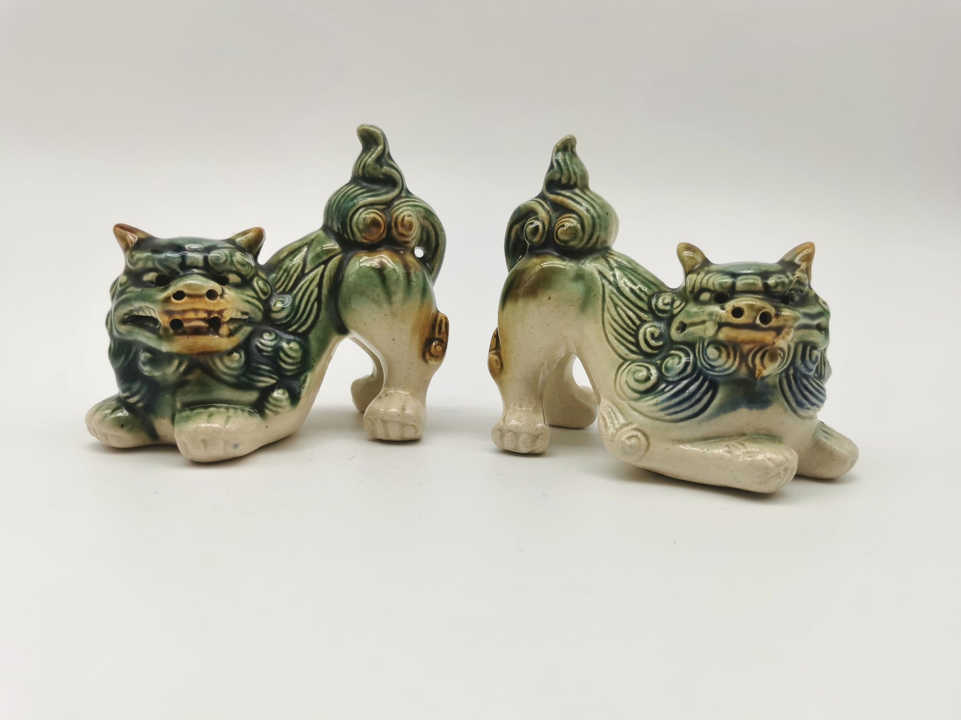 Pair of Vintage Chinese Glazed Ceramic Foo Dogs – Green and Blue Guardian Lion Figurines