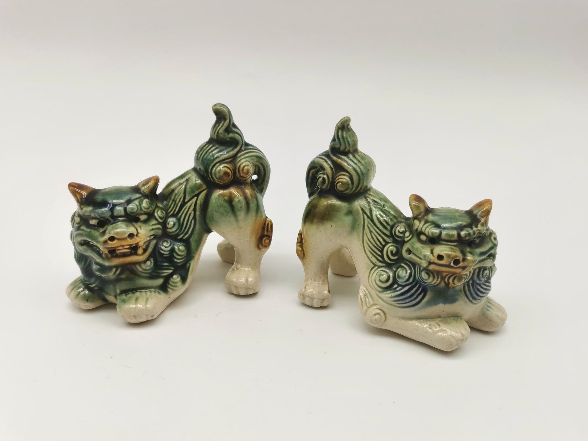 Pair of Vintage Chinese Glazed Ceramic Foo Dogs – Green and Blue Guardian Lion Figurines