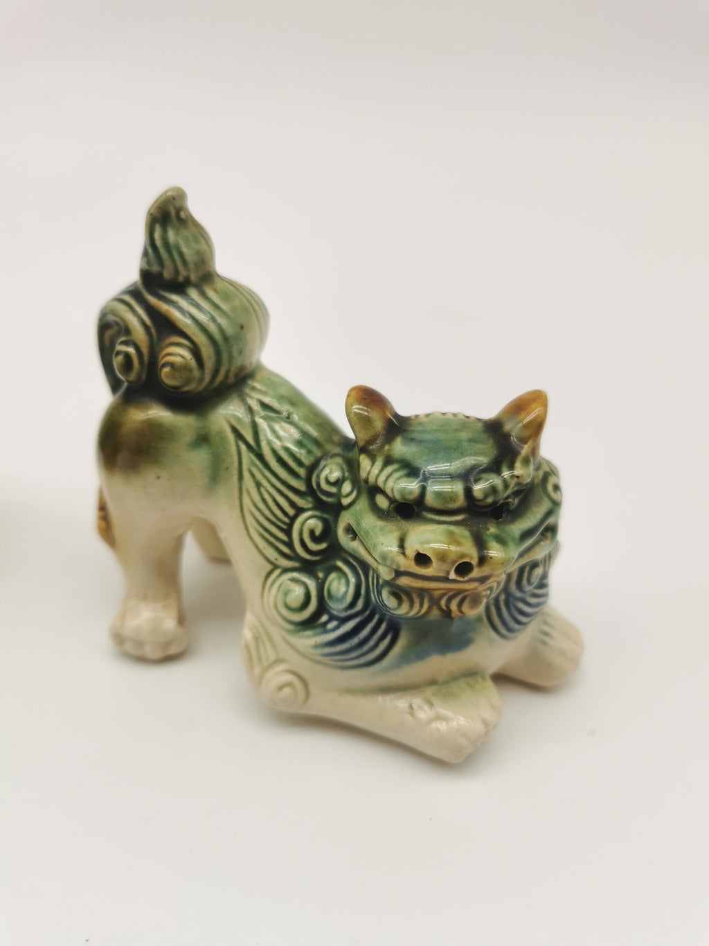 Pair of Vintage Chinese Glazed Ceramic Foo Dogs – Green and Blue Guardian Lion Figurines