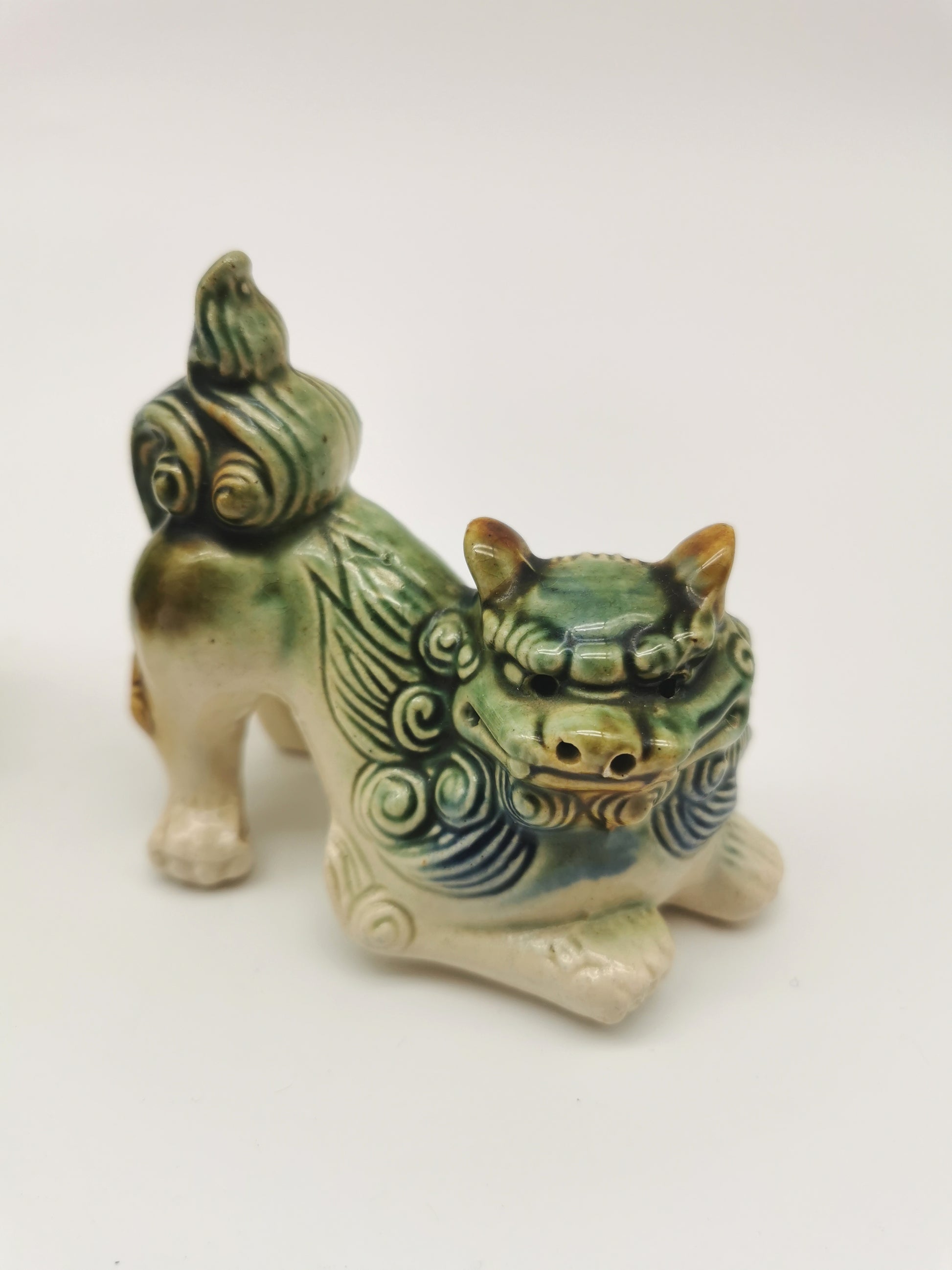 Pair of Vintage Chinese Glazed Ceramic Foo Dogs – Green and Blue Guardian Lion Figurines