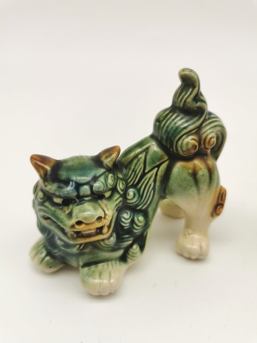 Pair of Vintage Chinese Glazed Ceramic Foo Dogs – Green and Blue Guardian Lion Figurines