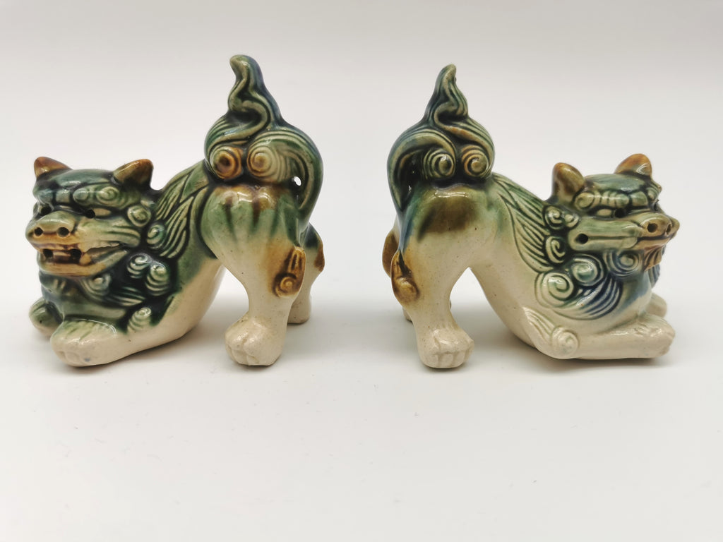 Pair of Vintage Chinese Glazed Ceramic Foo Dogs – Green and Blue Guardian Lion Figurines