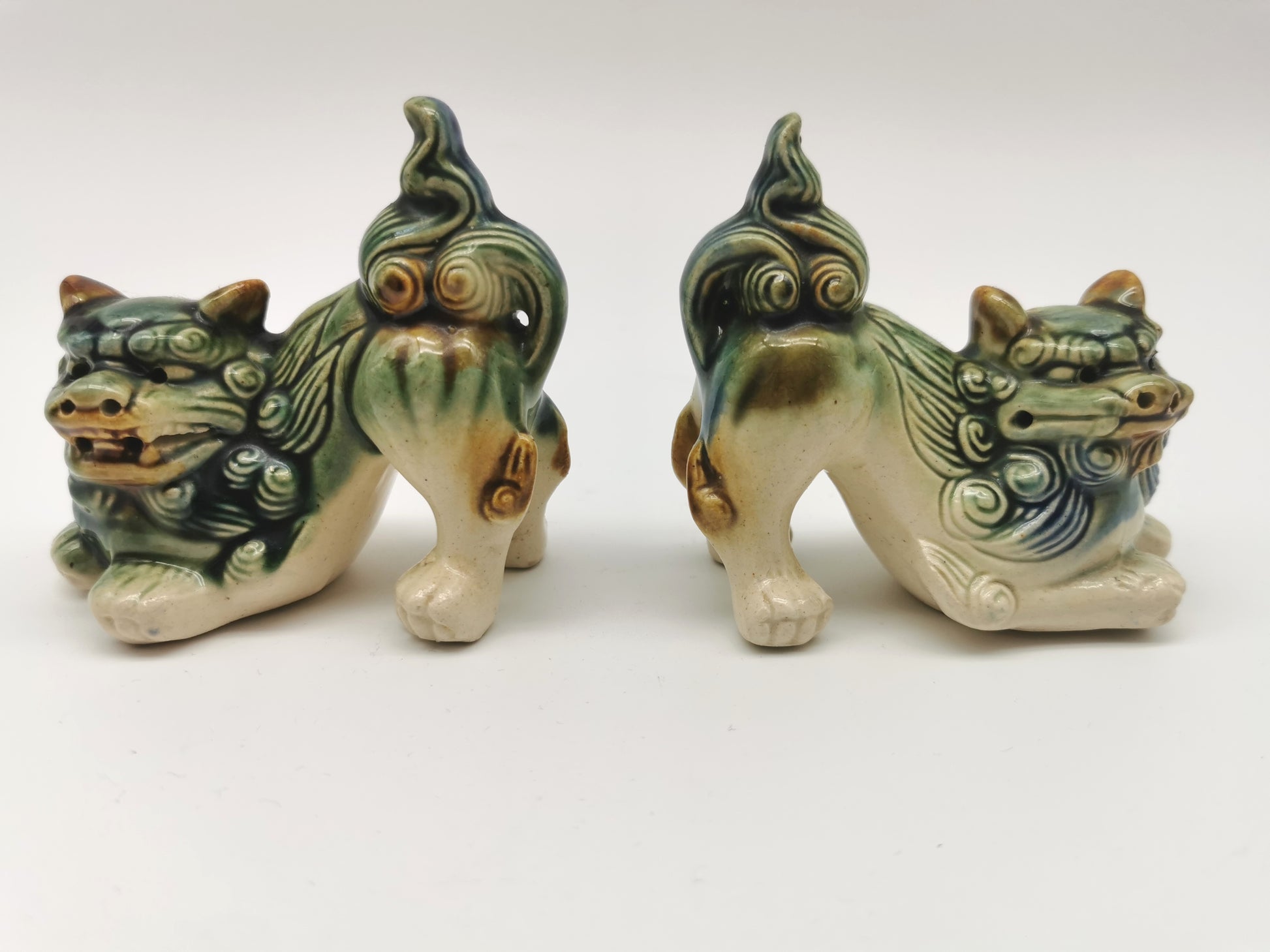 Pair of Vintage Chinese Glazed Ceramic Foo Dogs – Green and Blue Guardian Lion Figurines