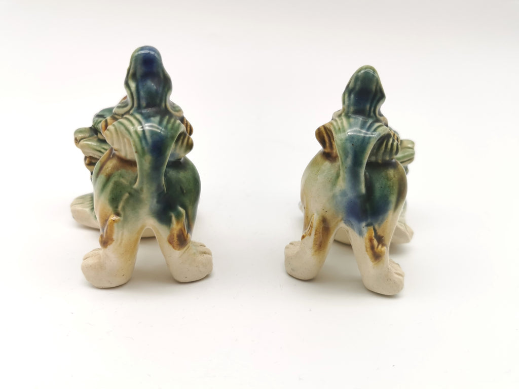 Pair of Vintage Chinese Glazed Ceramic Foo Dogs – Green and Blue Guardian Lion Figurines