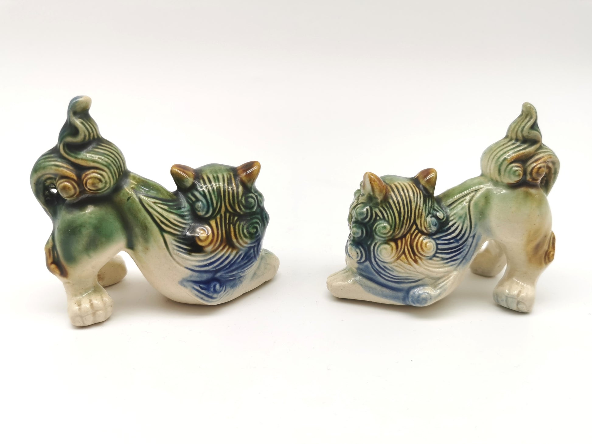 Pair of Vintage Chinese Glazed Ceramic Foo Dogs – Green and Blue Guardian Lion Figurines