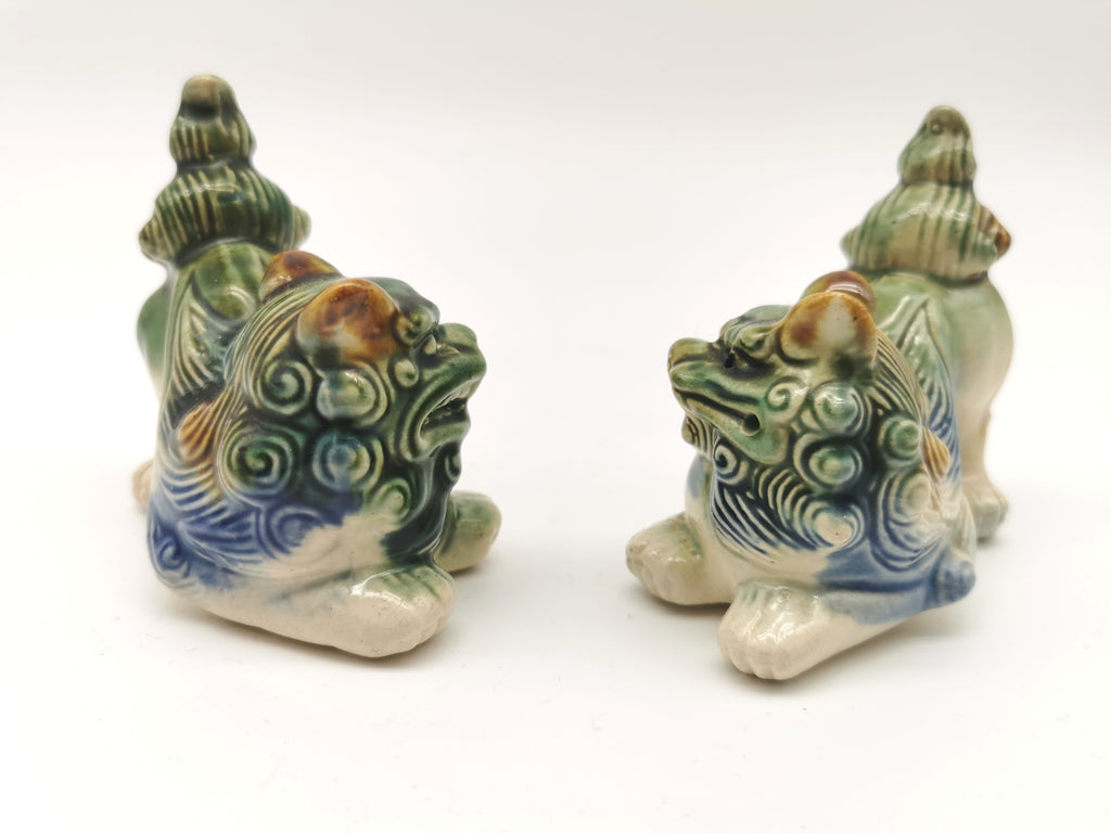 Pair of Vintage Chinese Glazed Ceramic Foo Dogs – Green and Blue Guardian Lion Figurines