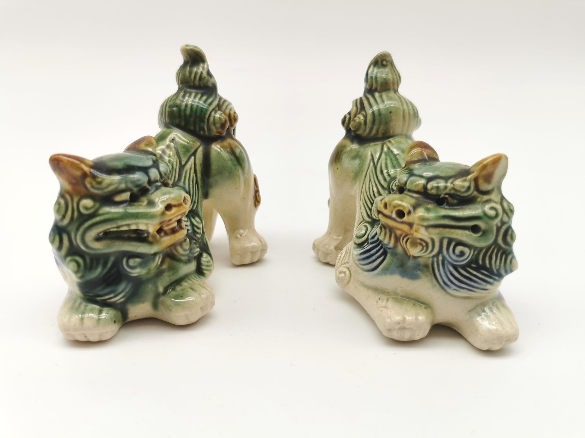 Pair of Vintage Chinese Glazed Ceramic Foo Dogs – Green and Blue Guardian Lion Figurines