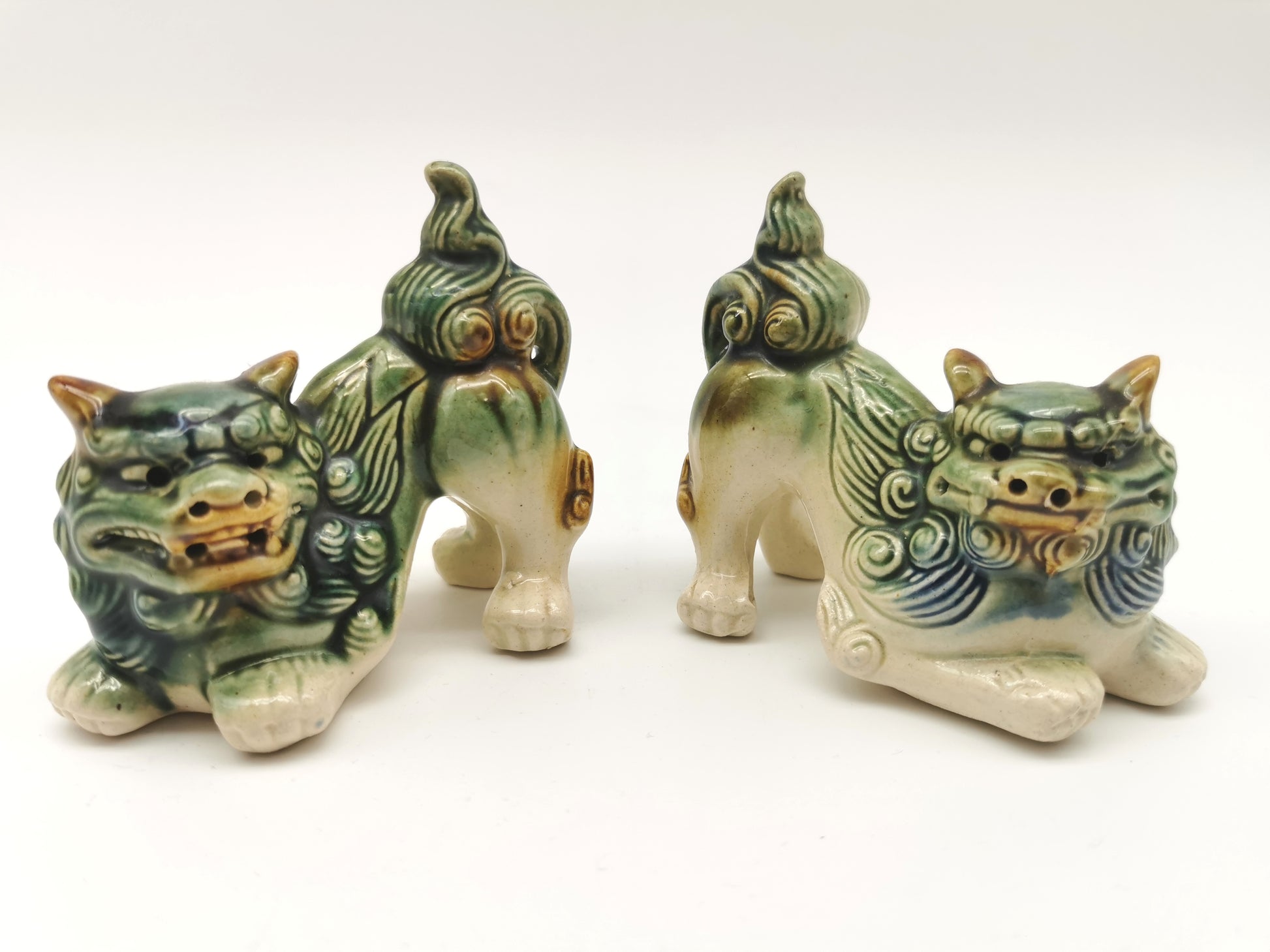Pair of Vintage Chinese Glazed Ceramic Foo Dogs – Green and Blue Guardian Lion Figurines