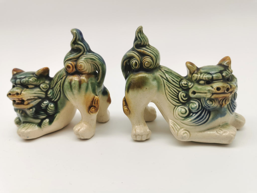 Pair of Vintage Chinese Glazed Ceramic Foo Dogs – Green and Blue Guardian Lion Figurines