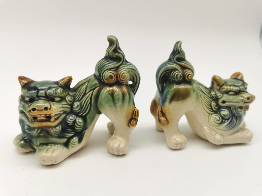 Pair of Vintage Chinese Glazed Ceramic Foo Dogs – Green and Blue Guardian Lion Figurines