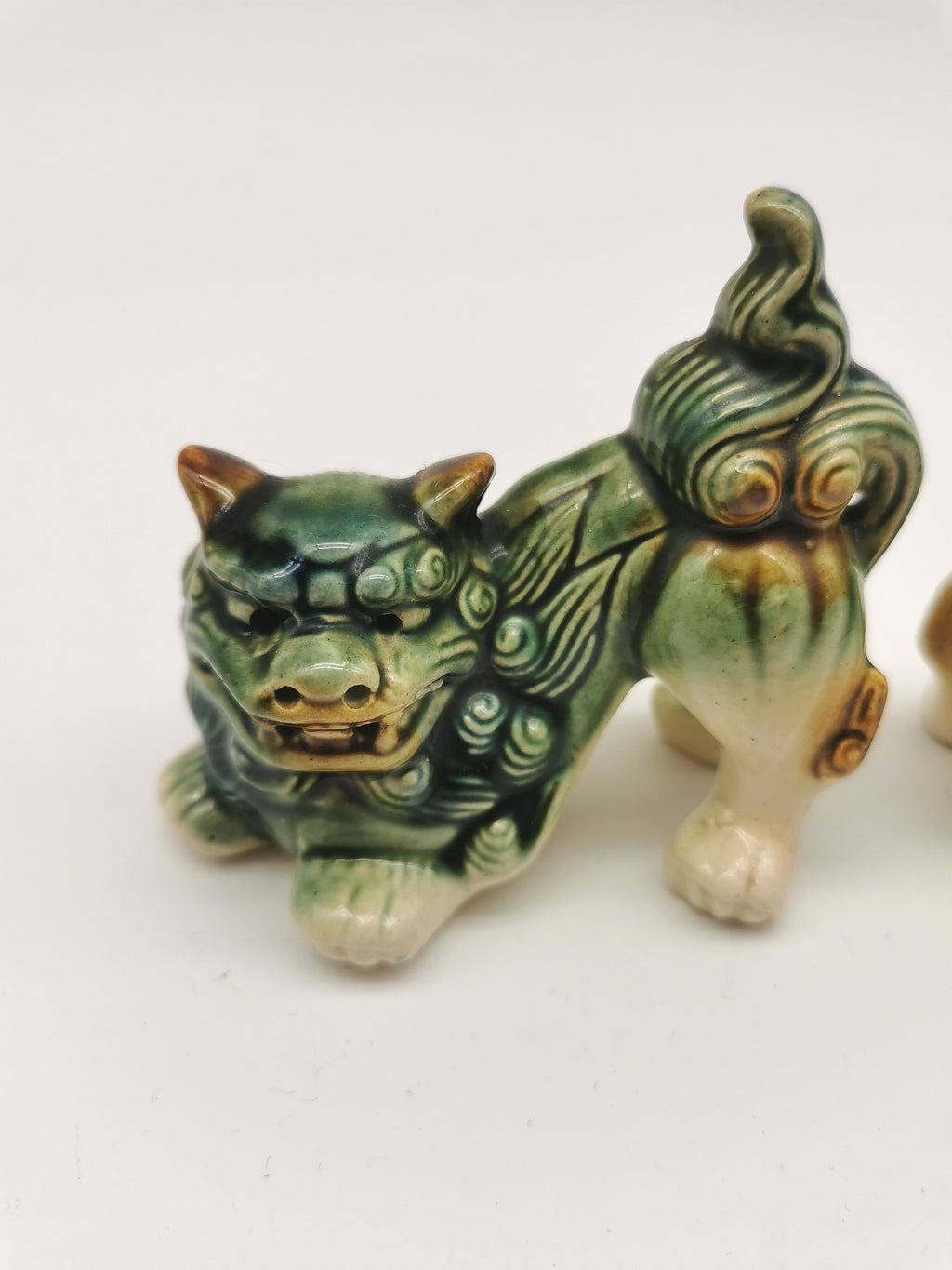 Pair of Vintage Chinese Glazed Ceramic Foo Dogs – Green and Blue Guardian Lion Figurines