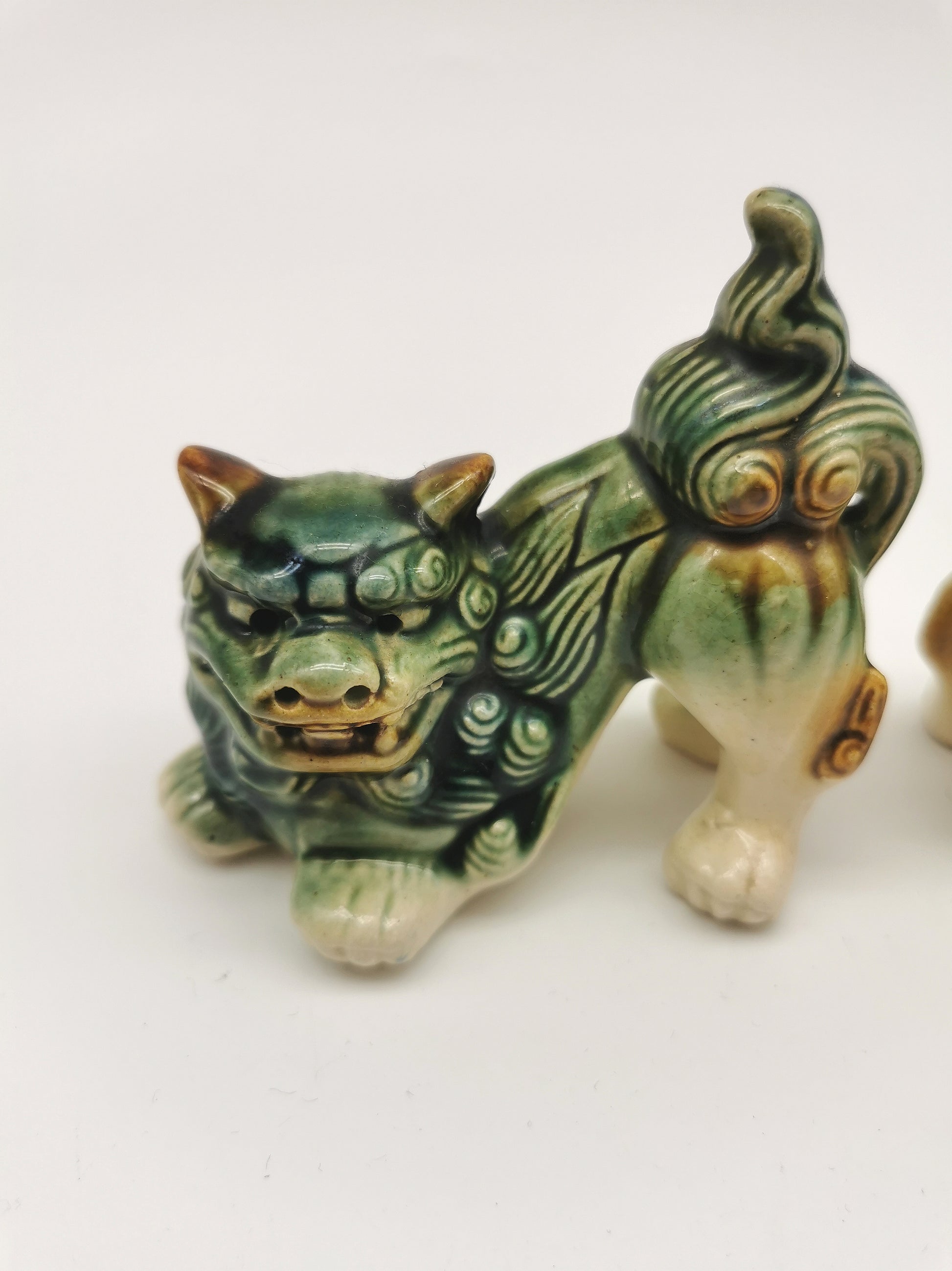 Pair of Vintage Chinese Glazed Ceramic Foo Dogs – Green and Blue Guardian Lion Figurines