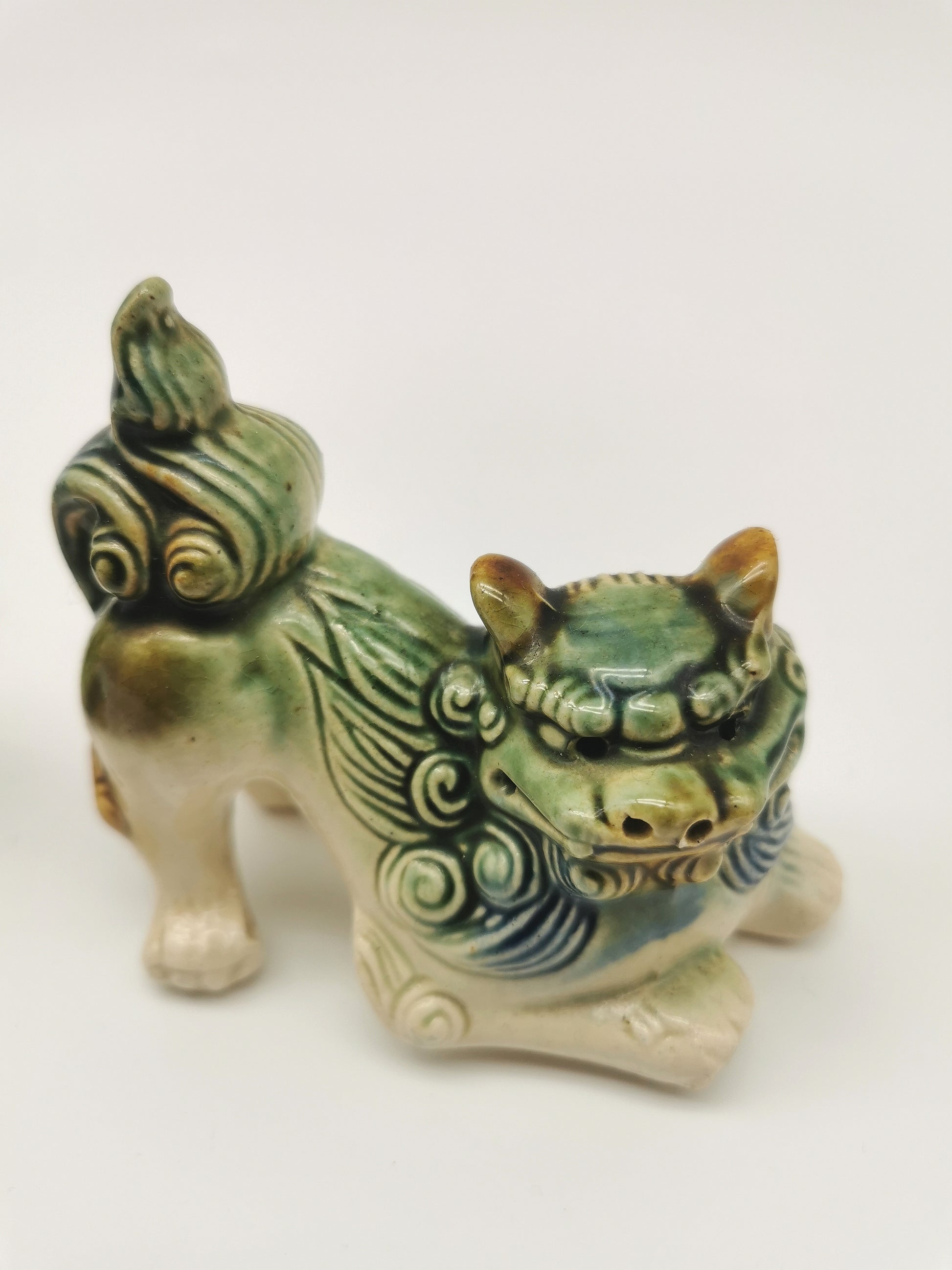 Pair of Vintage Chinese Glazed Ceramic Foo Dogs – Green and Blue Guardian Lion Figurines