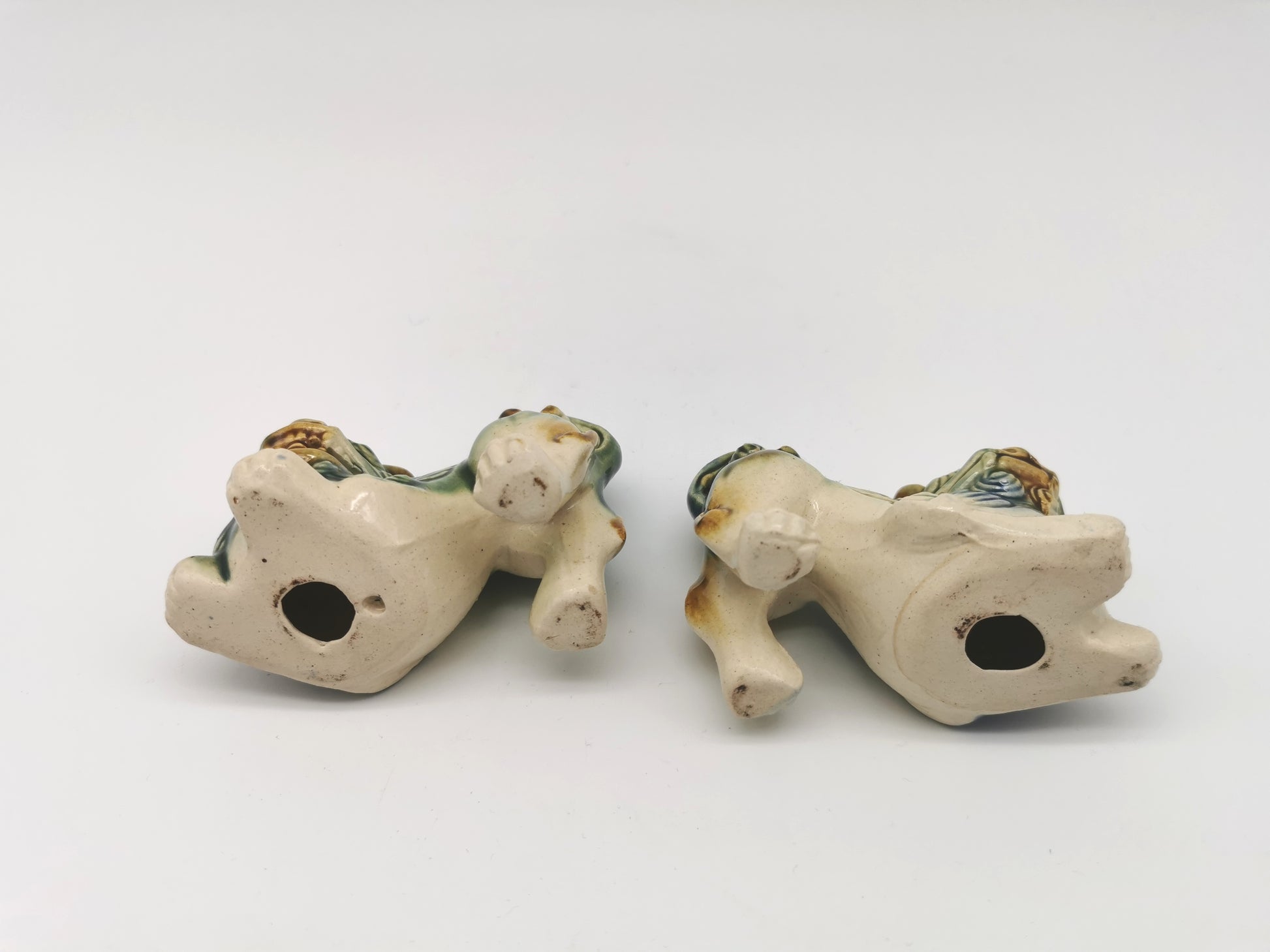 Pair of Vintage Chinese Glazed Ceramic Foo Dogs – Green and Blue Guardian Lion Figurines