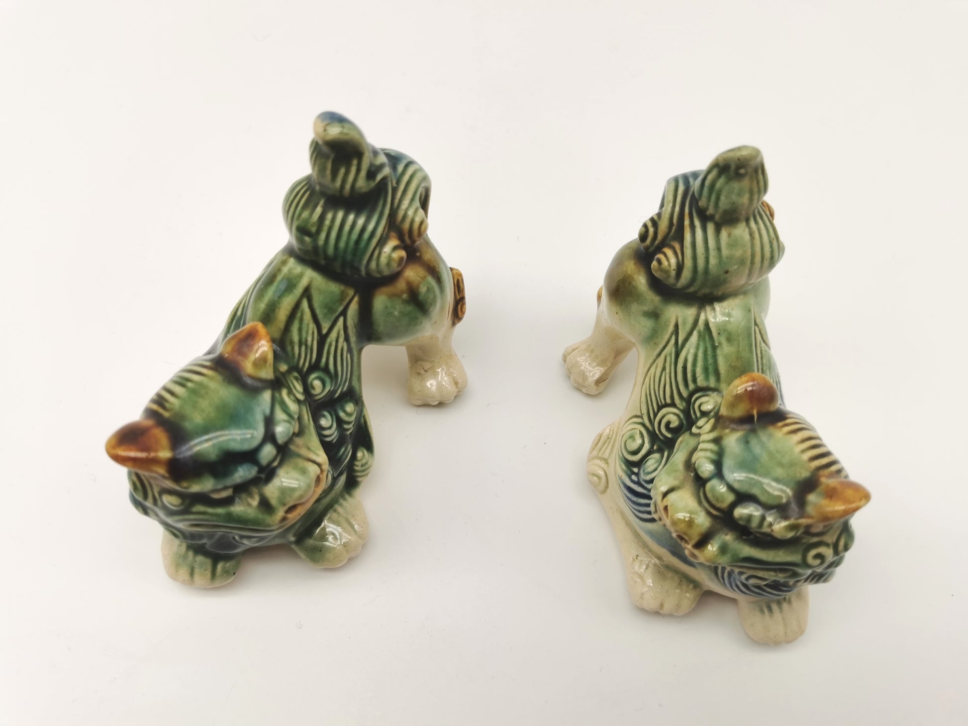 Pair of Vintage Chinese Glazed Ceramic Foo Dogs – Green and Blue Guardian Lion Figurines